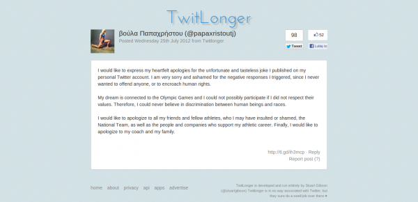 Grecka olimpijka wydalona z reprezentacji za wpis na Twitterze 3